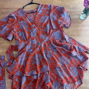 Rust & Blue Floral Wrap Romper XXL Ruffle Hem Tie Waist